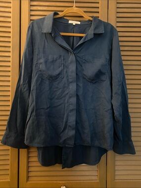 Side Stitch Navy Button-Up Blouse